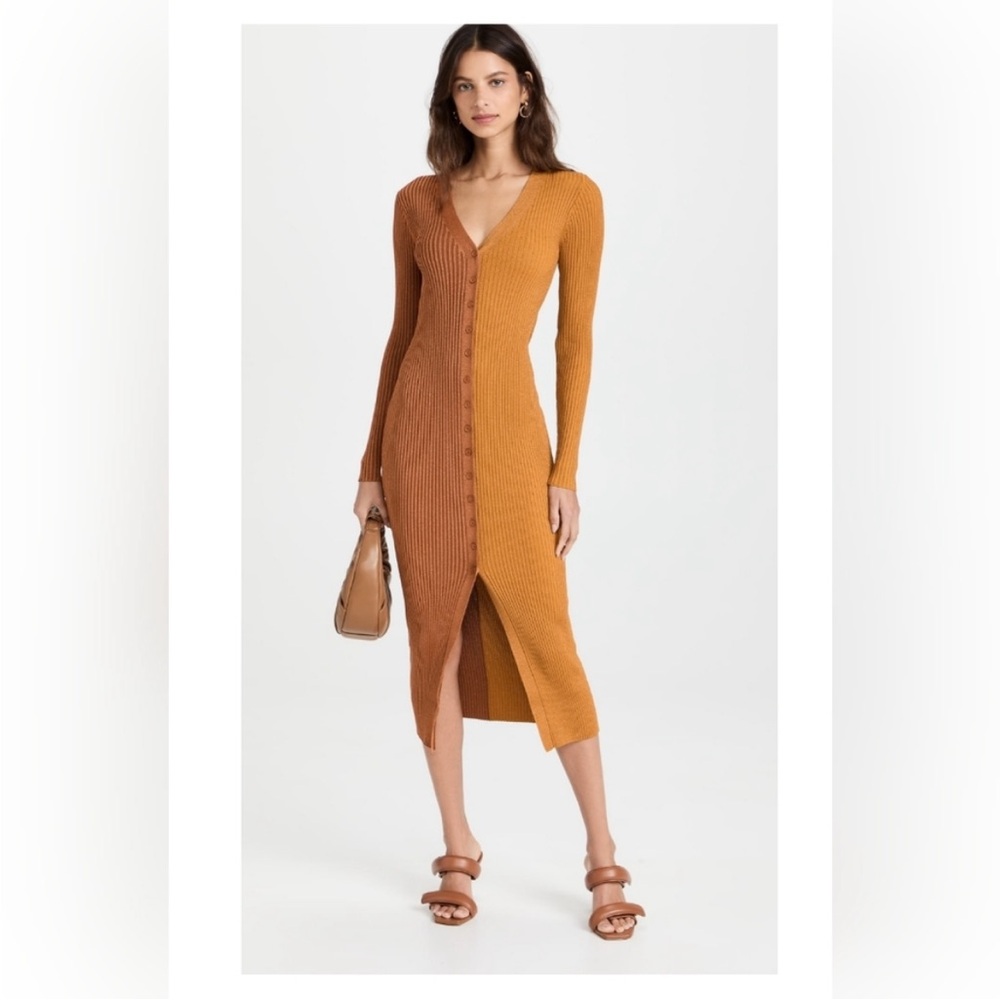 STAUD Ribbed Button-Front Midi Dress in Rust - Picture 3 of 5